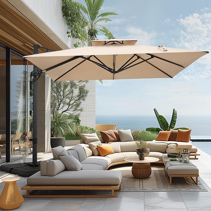 Sophia & William 12ft Cantilever Patio Umbrella with Base, Outdoor Offset Large Rectangular Umbrellas with 360-degree Rotation, Aluminum Pole for Garden Pool Backyard, Beige