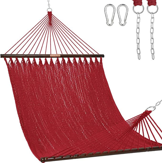 Lazy Daze Hammocks 10.5 FT Double 2 Person Caribbean Rope Hammock, Hand Woven Polyester Hammock with Spreader Bars, for Outside Outdoor Backyard Patio Poolside, 450 LBS Capacity, Red