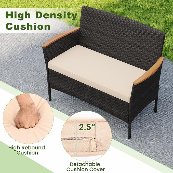 HAPPYGRILL 4 Pieces Outdoor Patio Rattan Furniture Set, Rattan Conversation Set with Chairs & Loveseat, Acacia Wood Tabletop & Armrest, Outdoor Cushion Sofa Set for Backyard Patio Poolside