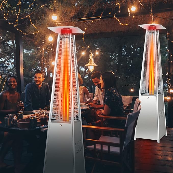 COSTWAY 42,000 BTU Stainless Steel Pyramid Outdoor Propane Heater With Wheels and Glass Tube, Auto Shut Off Protection, Freestanding Quartz for Backyard, Garden, Silver