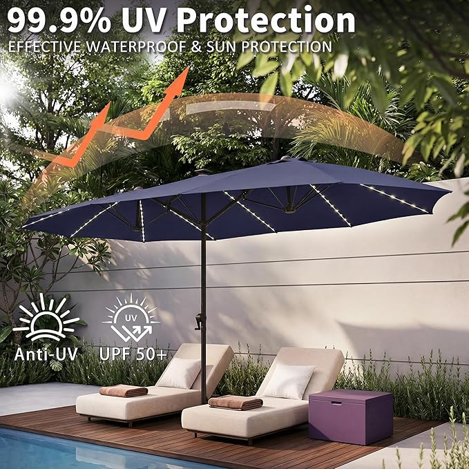 15FT Large Double Sided Patio Umbrella, Fade Resistant Outdoor Umbrellas with Fiberglass Ribs, Solar Panel, LED Lights & USB Charging, Rectangular Market Umbrella with Aluminum Crank for Garden, Party, Lawn, Poolside, Backyard, Navy Blue