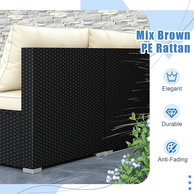 DORTALA 5 Piece Wicker Patio Furniture Set, PE Rattan Outdoor Sectional Conversation Set with Acacia Wood Coffee Table, 4 Chairs for Deck, Backyard, Poolside, Off White