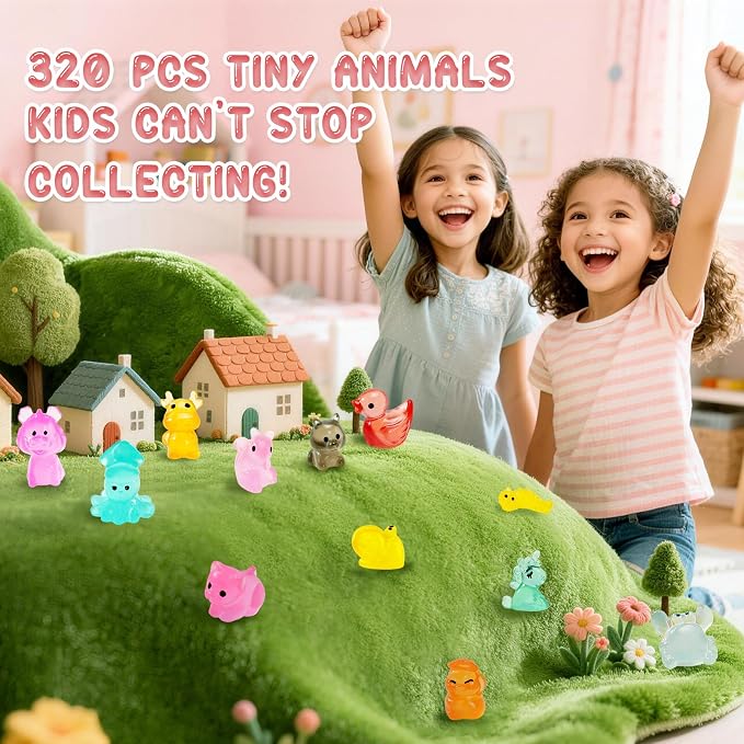 320 Pcs Mini Resin Animals with Blind Bags, Glow in The Dark Tiny Resin Figures Mystery Bags, Miniature Animals for Classroom Rewards, Party Favors, Fairy Garden & Dollhouse Decor