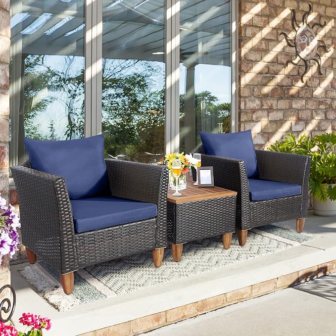 Tangkula 3-Piece Patio Furniture Set, Patiojoy Outdoor PE Wicker Bistro Set with Soft Cushions and Solid Acacia Wood, Outdoor Conversation Set with Porch, Balcony and Garden (Navy)