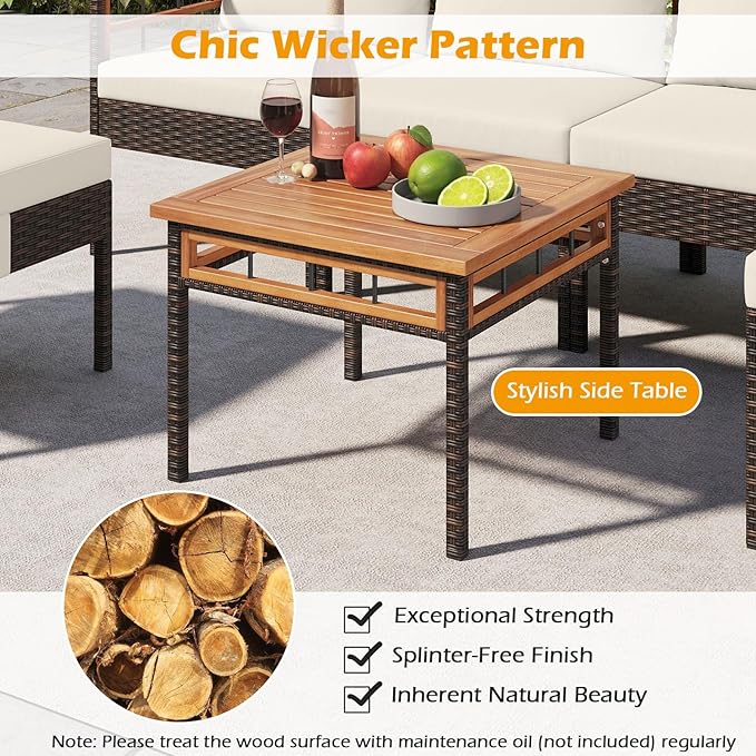 Tangkula 7 Pieces U Shaped Outdoor Wicker Furniture Set, Patio Cushioned Rattan Chairs with Ottomans & Side Table, for Backyard, Porch, Balcony