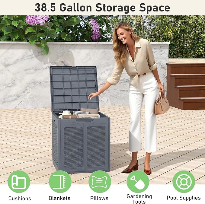 Giantex 39 Gallon Outdoor Storage Box, PP Deck Container with Rattan Patterns & Lockable Lid, Patio Plastic Storage Bin for Package Delivery, Garden Tools, Patio Cushions