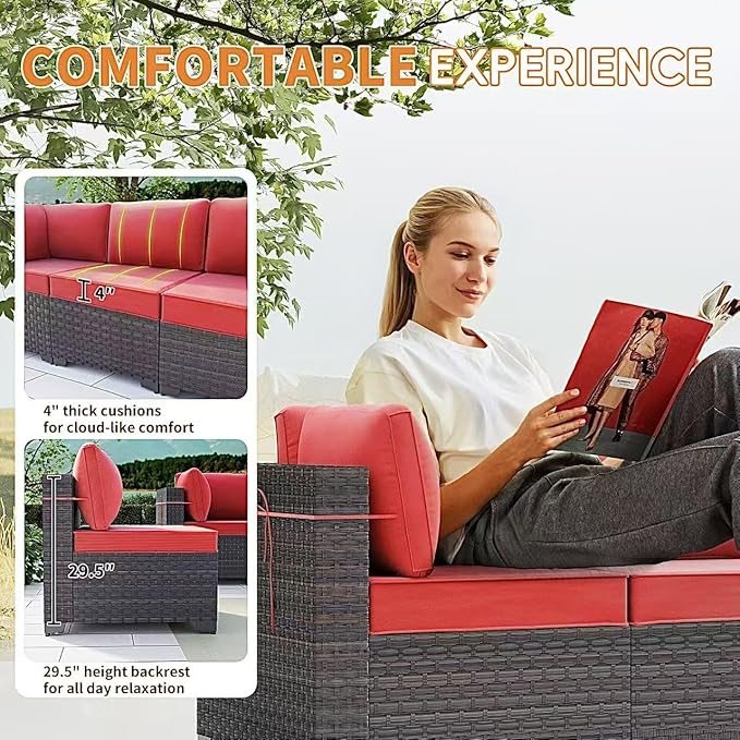 Gotland 15 Pieces Patio Furniture Set with Fire Pit Table, All Weather Rattan Outdoor Furniture with 29.5'' High Backrest 4’’ Thick Cushions Coffee Table, Patio Set for Porch, Deck, Backyard, Red