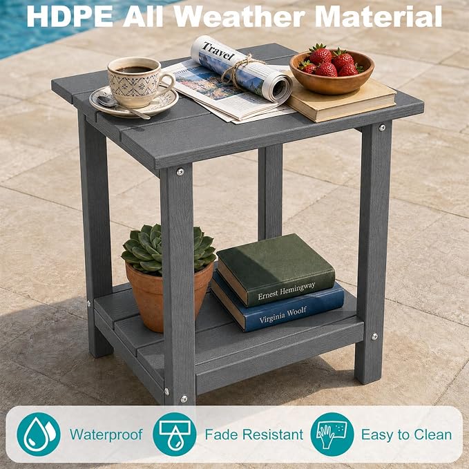Outdoor Side Table with Storage Shelf, 2-Tier Patio Side Table, HDPE All Weather Outdoor End Tables for Adirondack Chair, Small Patio End Table for Deck Backyard Porch Lawn Poolside, Grey
