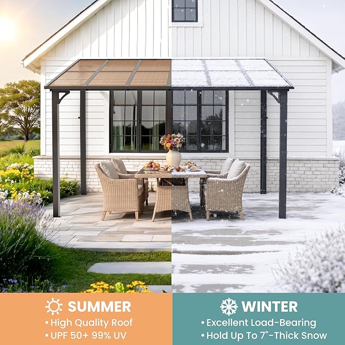Pamapic 10x12FT Wall Mounted Gazebo, Hardtop Lean to Gazebo with Aluminum Frame & UV Resistant Polycarbonate Roof, Outdoor Patio Awning for Deck, Porch, Lawn & Backyard