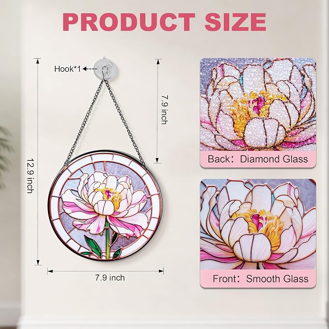 Stained Glass Window Hanging, Pink Peony Suncatcher 7.8 in Sun Catcher Glass Panel Boho Wall Art Decor with Chain Diamond Glass Panel Hangings Scenery Sun Catchers Decor for Lover Couple Mom