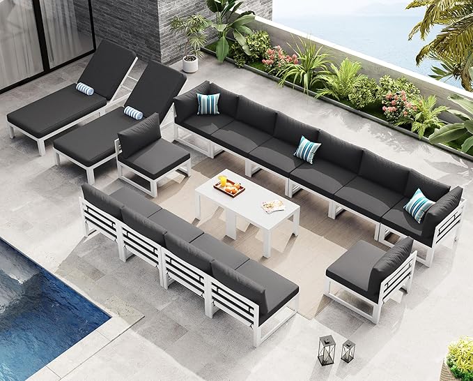 NICESOUL 16 Piece Extra Large Contemporary Aluminum Outdoor Furniture Set with Chaise Lounge, 29" Deep Wide Couch Set, 500 lbs High Weight Capacity Modular Patio Sectional Sofa for Poolside, Dark Grey