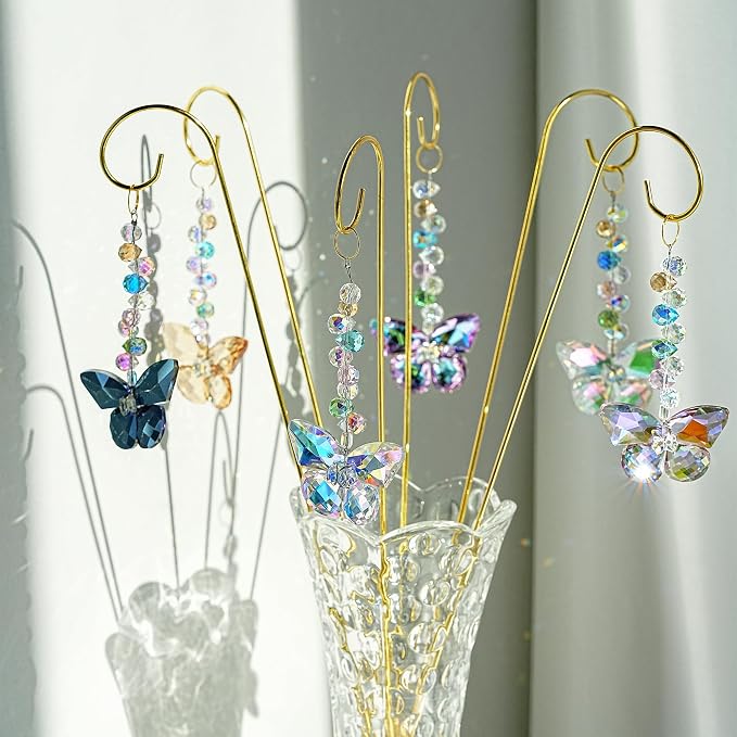 6 Pcs Colorful Butterfly Crystal Suncatcher Garden Plant Stake Plant Stake | Crystal Butterfly Garden Stakes Plant Suncatcher with Golden Trellis Indoor Outdoor Garden Sun Catchers Decor