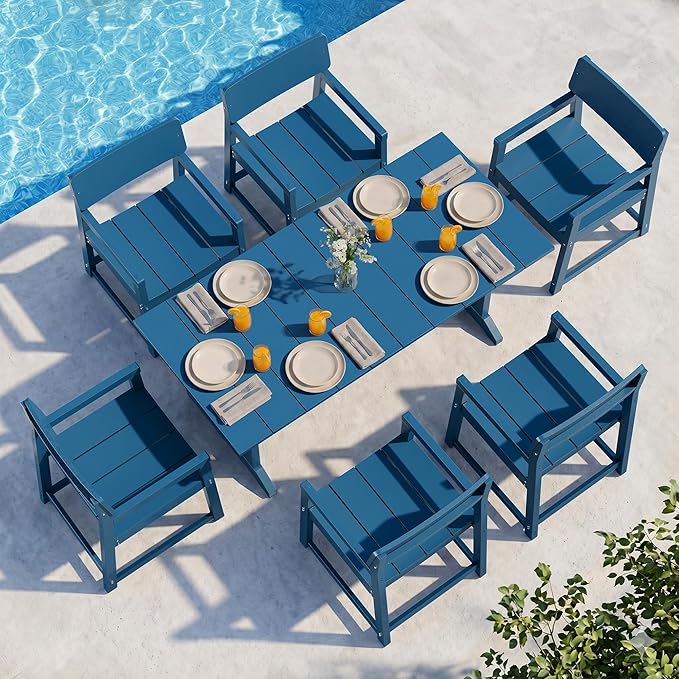 Vongrasig 7 Pieces Patio Dining Set, All Weather Outdoor HDPE Dining Furniture Set with Table and Chairs for 6, Patio Furniture Set with Umbrella Hole for Lawn, Backyard, Poolside, Blue
