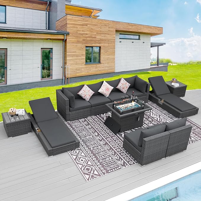 BULEXYARD 11 Piece Large High Back Outdoor Patio Furniture Sets with Firepit and Loungers, Comfortable Extra Deep Wide Seating Sectional Conversation Couch Backyard Sitting Sets Modular, Dark Gray