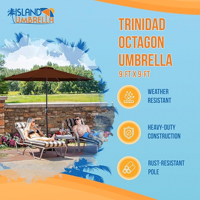 Island Umbrella Trinidad 9 ft Octagon Patio Umbrella – With Crank Lift, Push-to-Tilt, Rust-Resistant Steel Pole, 8-Rib Frame & Weather-Resistant Canopy – Brown/Coffee Outdoor Umbrellas for Patio