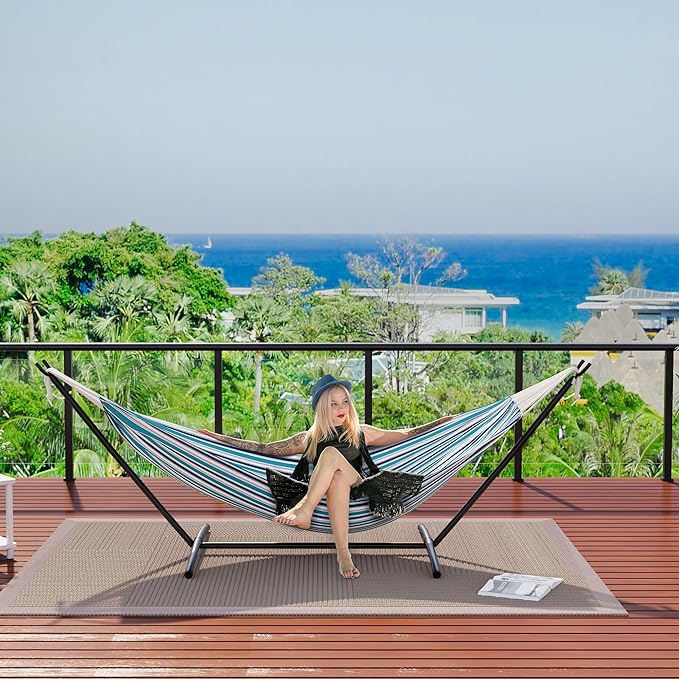 Double Hammock with Stand - Heavy Duty 450lbs Capacity, Portable Cotton Hammock for Two Adults, Indoor & Outdoor Use with Travel Bag, Ocean Stripe Pattern