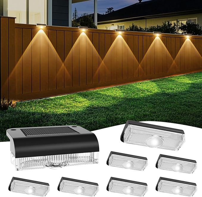 AGOTD Solar Fence Lights Outdoor, 8 Pack Fence Light Solar Powered Wall Lighting, Deck Lights Waterproof Led for Outside, Garden, Backyard, Patio, Pathway, Railing, Pool, Stairs, Step, Warm White