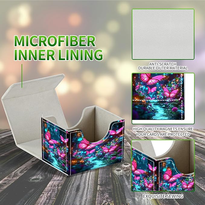Card Deck Box for MTG, Cards Storage Box Fits 120+ Sleeved, Leather Small Size Strong Magnetic Closing Card Case for Board Games Magic TCG CCG Baseball Collection, Pink Butterfly Forest