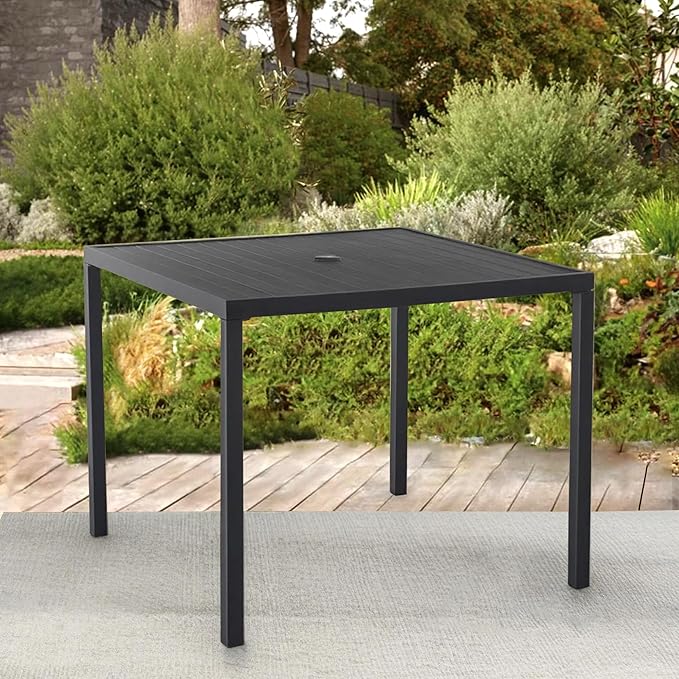 Square Outdoor Dining Table for 4, Metal Patio Dining Table with Umbrella Hole for Garden, Backyard and Deck, Black