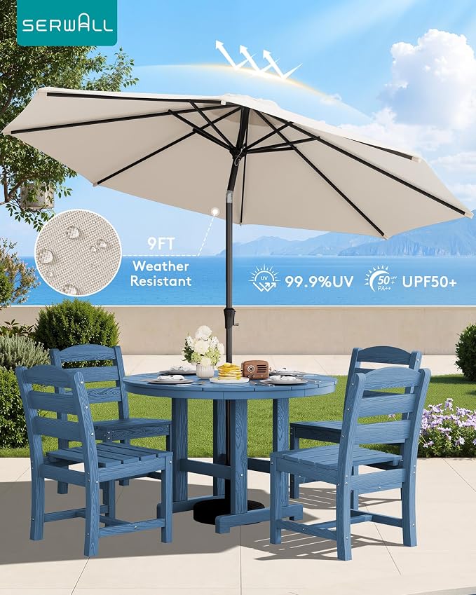 SERWALL 6-Piece Patio Dining Sets, HDPE Outdoor Table and Chairs Furniture Set with Umbrella, 45" Round Dining Table & 4 Armless Dining Chairs & 1 9FT Umbrella, Navy(Not Include Umbrella Base)