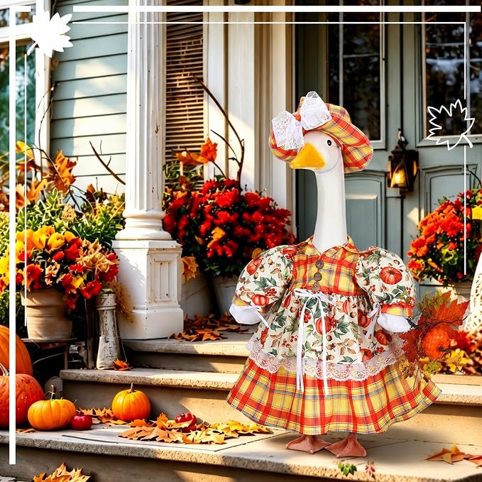 Suzile Fall Maple Porch Goose Outfit Goose Clothes for 23 in Cement or Plastic Geese Costume Dress for Yard Lawn Outdoor Garden Patio Duck Statue Autumn Thanksgiving Party Holiday Decor