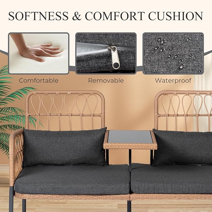 PROHIKER Patio Furniture Outdoor Rattan Loveseat 2-Seat with Built-in Table, Lumbar Pillows and Cushions, All-Weather Wicker Loveseat Porch Chairs for Balcony, Lawn, Backyard