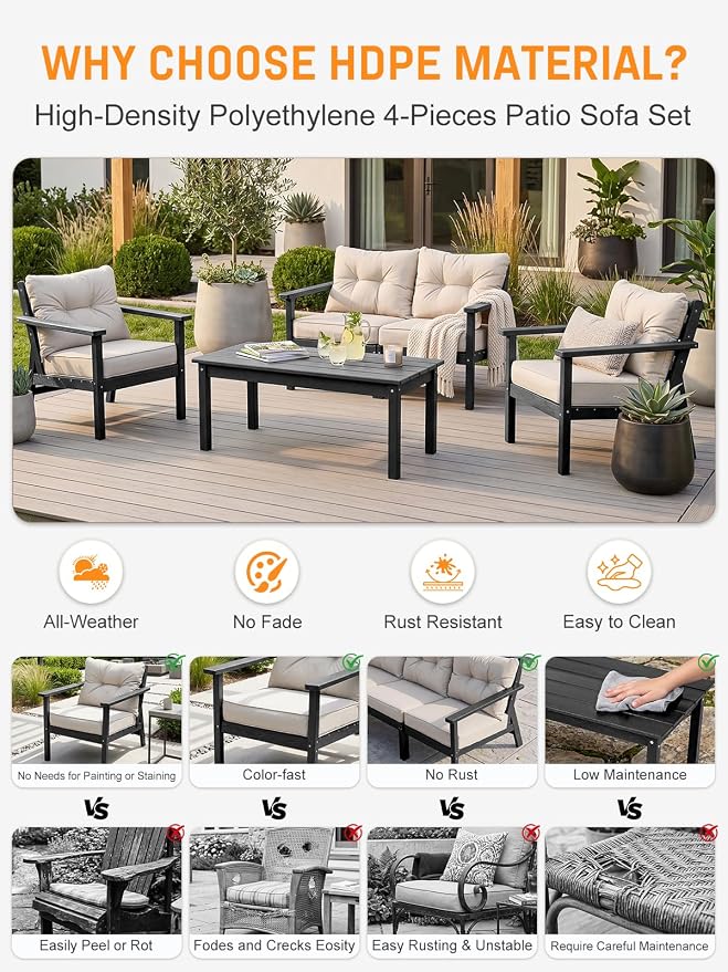 2 Seat HDPE Patio Loveseat, Outdoor Conversation Bench, Patio Furniture | Water-Resistant Thick Cushion, HDPE All Weather, Wood-Grain, No Rot or Rust or Crack, UV Fade Shield, Easy-Clean for Outside