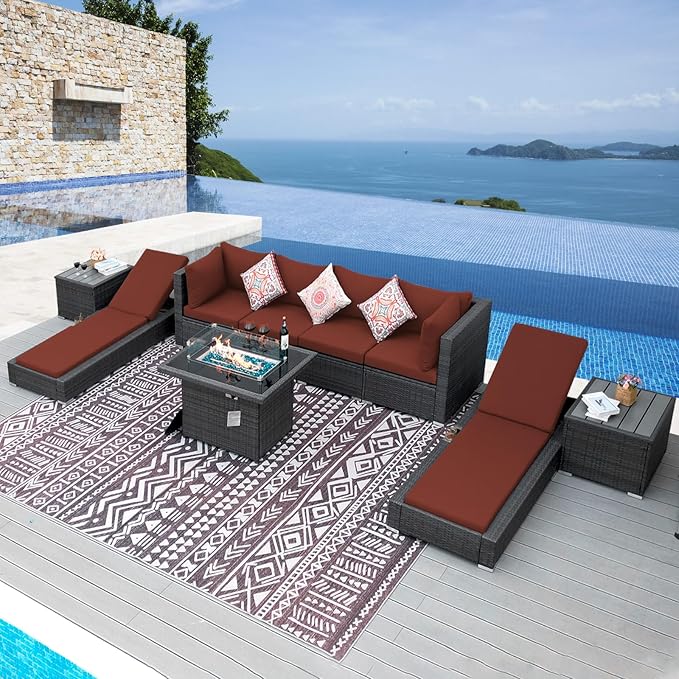 NICESOUL 9 Piece Outdoor Patio Furniture Set with Fire Pit, Modern Backyard Sectional with Chaise Lounge, Cozy 29.3'' High-Back Outside Seating Sofa, All-Weather Wicker Couch for Garden, Grey & Red