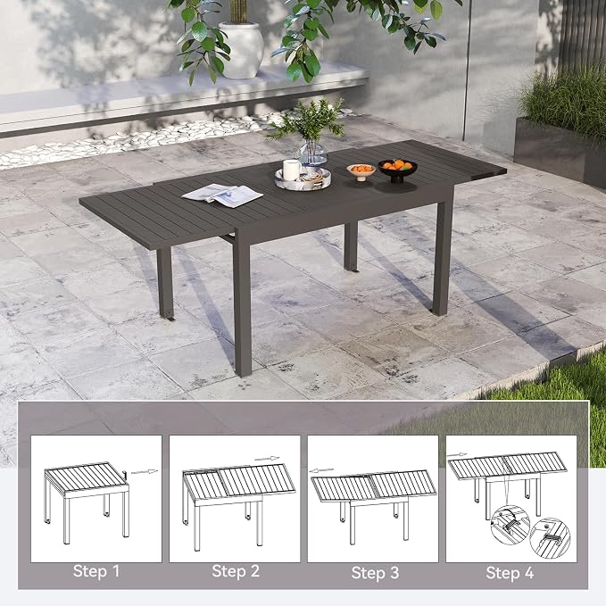 All Aluminum Expandable Patio Dining Table for 4-6 People, Extendable Outdoor Dining Room Table, All Weather Patio Furniture, Rectangular Metal Table with Adjustable Width 35"- 71", Dark Brown