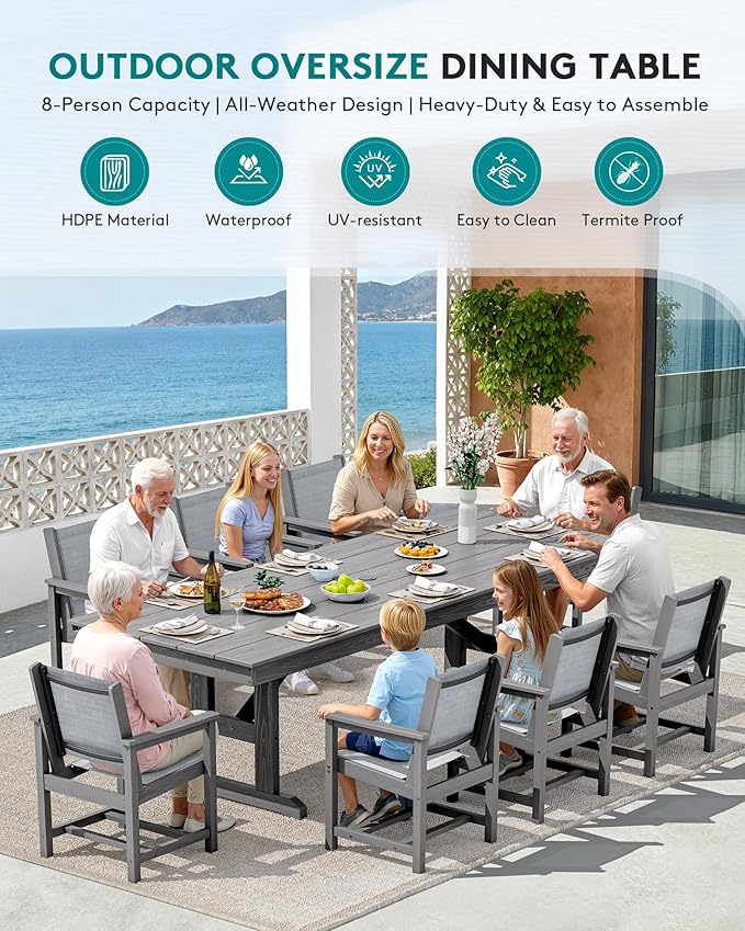 SERWALL Outdoor Dining Chairs Set of 2, All-Weather HDPE Textilene Sling Dining Chair for Backyard, Garden, Gray