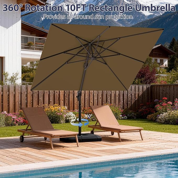 10' X 10' Patio Umbrella Cantilever Outdoor Rectangle Umbrella, Heavy Duty 360°Rotation Offset Umbrella for Garden Deck Pool Patio, Brown