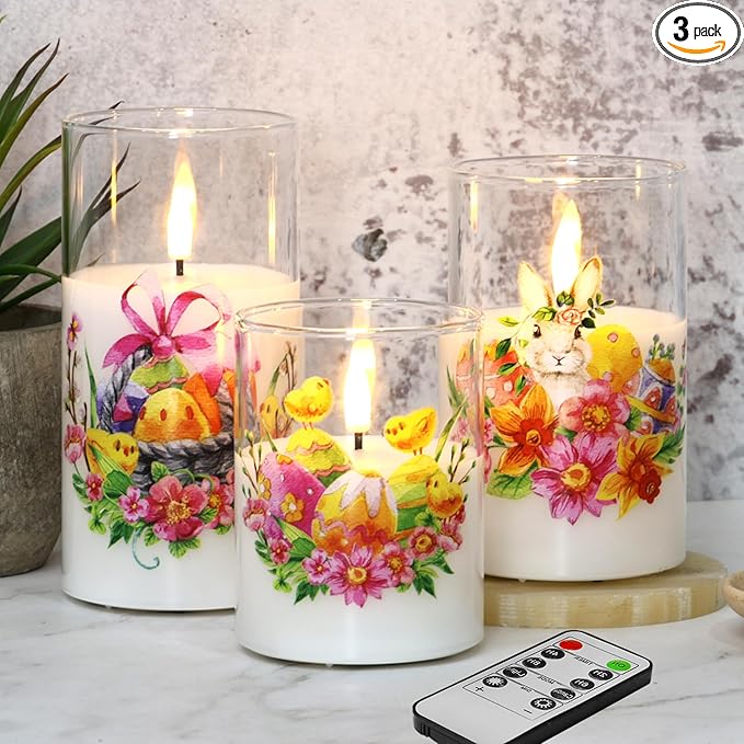 Eywamage Spring LED Candles with Remote, Flickering Glass Flameless Pillar Candles Battery Candles Easter Home Table Decor Set of 3