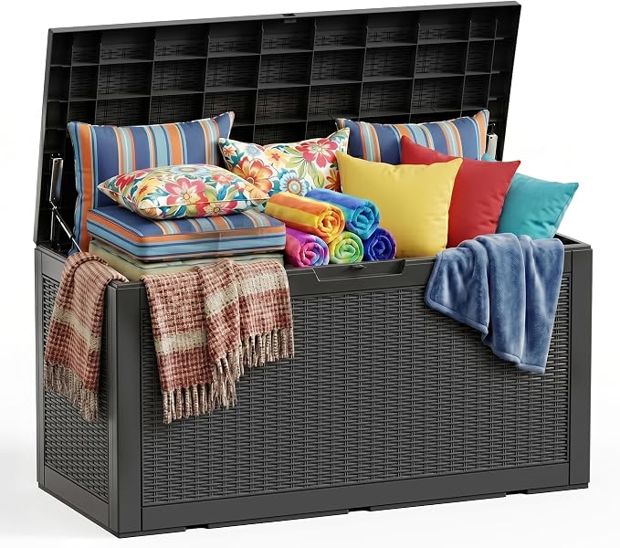 ROJIK 120 Gallon Waterproof Outdoor Deck Storage Box, Lockable Resin Patio Storage Bin with Lid for Garden Tools, Patio Cushions & Outdoor Accessories(Black)