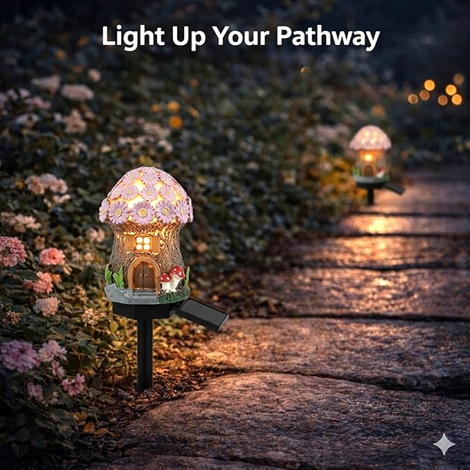Solar Garden Lights Outdoor, 2 Pack Decorative Solar Flower Cottage Pathway Lights Waterproof, Resin Fairy Garden Lights for Yard Lawn Patio Decor