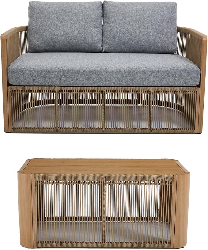 2 Piece Patio Furniture Set, Olefin Rope Patio Conversation Set, Aluminum Patio Sofa Set, 2 Seat Loveseat Couch with Coffee Table, All Weather Outdoor Sectional Furniture for Indoor/Yard, Grey