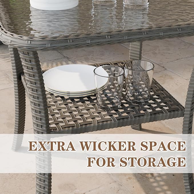 Outdoor Woven Rattan Coffee Table with Tempered Glass, Wicker Side Table for Outside Patio Porch, Stonewash Gray