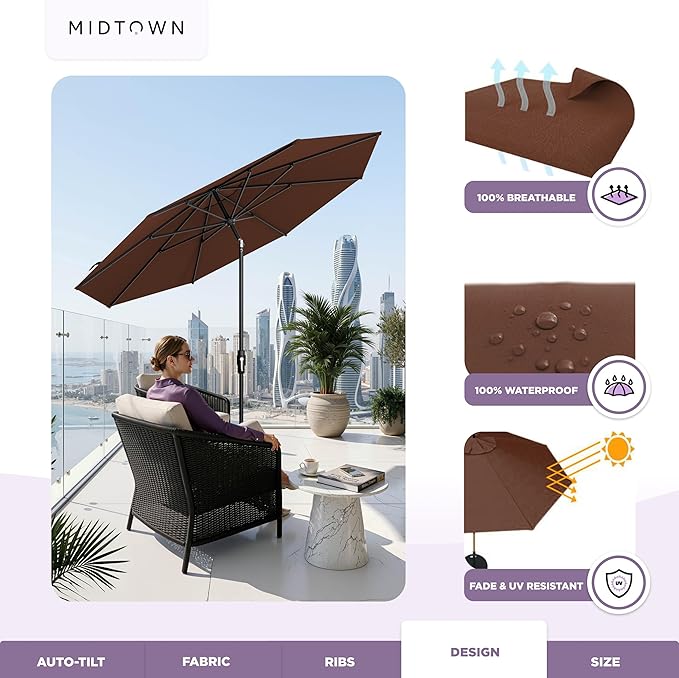 Midtown Umbrellas – The Swilt 10 Ft Patio Umbrella with 360° Swivel & Tilt Mechanism, Sunbrella Fabric & 8 Fiberglass Ribs – Outdoor Umbrella for Deck, Pool & Cafes – Bay Brown Canopy, Black Pole