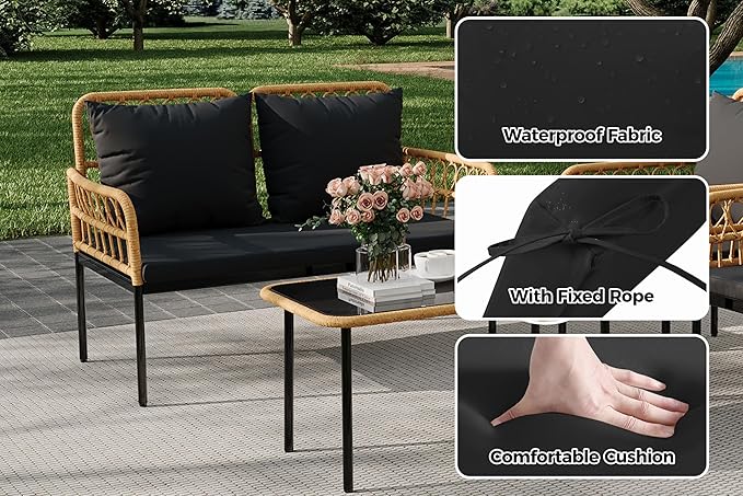 4 Pieces Outdoor Patio Furniture Set with Table - Rattan Balcony Furniture for Porch or Deck, Includes Chaise Lounge, 2 Armchairs with Cushions and Pillows for Porch Backyard Lawn Poolside Deck, Black