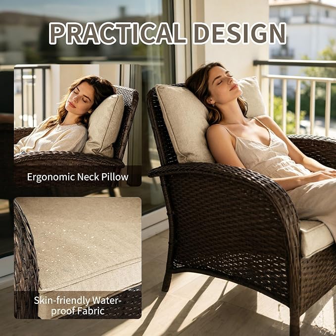Outdoor Swivel Rocker Patio Chairs (Brown Wicker/Khaki Cushion, 6PC/Sofa & Chair &Coffee Table & Ottomans)