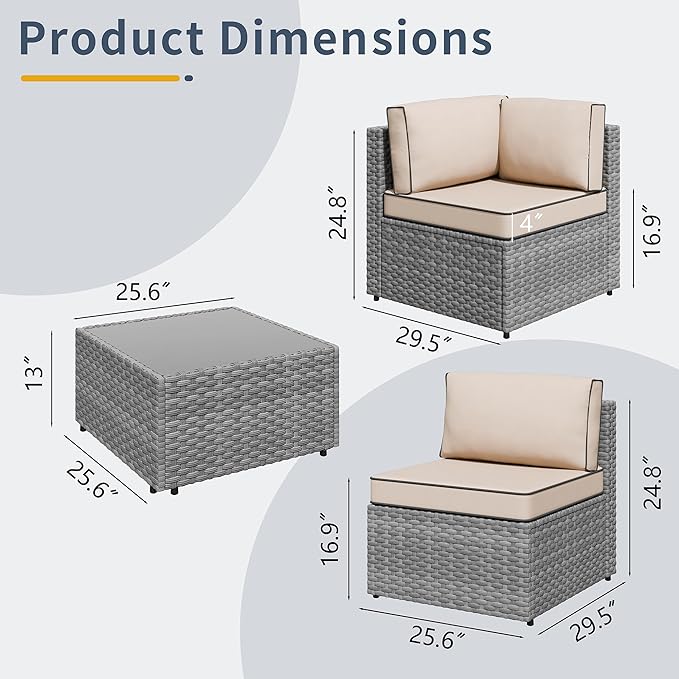 SUNLEI Outdoor Patio Furniture Set 5 Pcs, Rattan Balcony Furniture with Backrest Glass Table & Washable Cushions Small Conversation Patio Set with Sectional Design (Silver/Khaki)