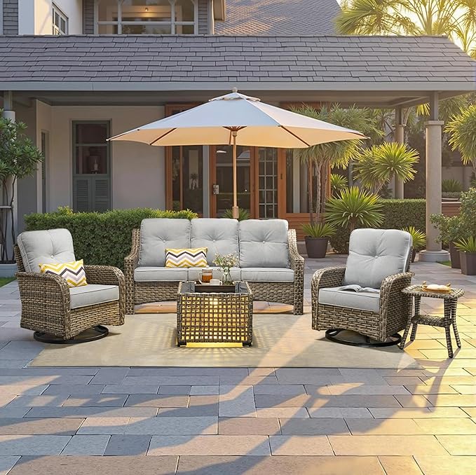 Outdoor Patio Furniture Set, 5-Piece PE Wicker Sofa with Shiny Table and Swivel Chairs, Outdoor Conversation Set for Patio, Garden, Backyard Gray
