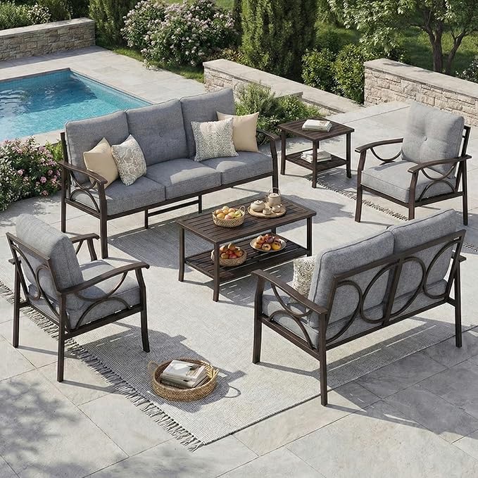 RoyalCraft 6-Pieces Outdoor Patio Furniture Set, Outdoor Metal Sectional Furniture with Cushions, Outdoor Conversation Seating Set with Coffee Table for Balcony, Backyard, Garden, Deck, Grey
