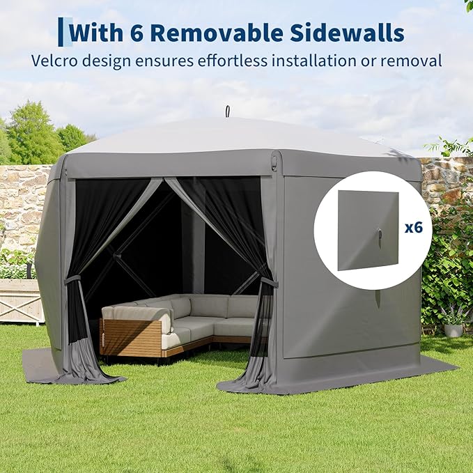 GarveeLife 11.5x11.5FT 6-Sided Pop Up Gazebo Tent，One-Push Setup Canopy Tent with Mesh Panels & Removable Wind Cloths, Outdoor shelter for Camping, Backyard Parties, Outdoor Events - Grey