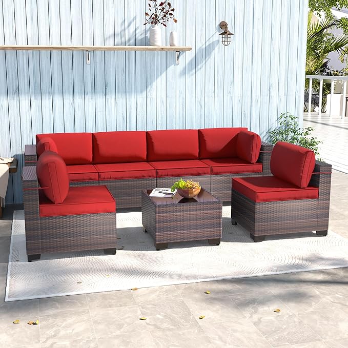 7 Pieces Outdoor Patio Furniture Sets,Wicker Conversation Set Sectional Sofa,Includes 6 All-Weather High Back PE Rattan Seating Components w/Thickened Cushions&Coffee Table,Red