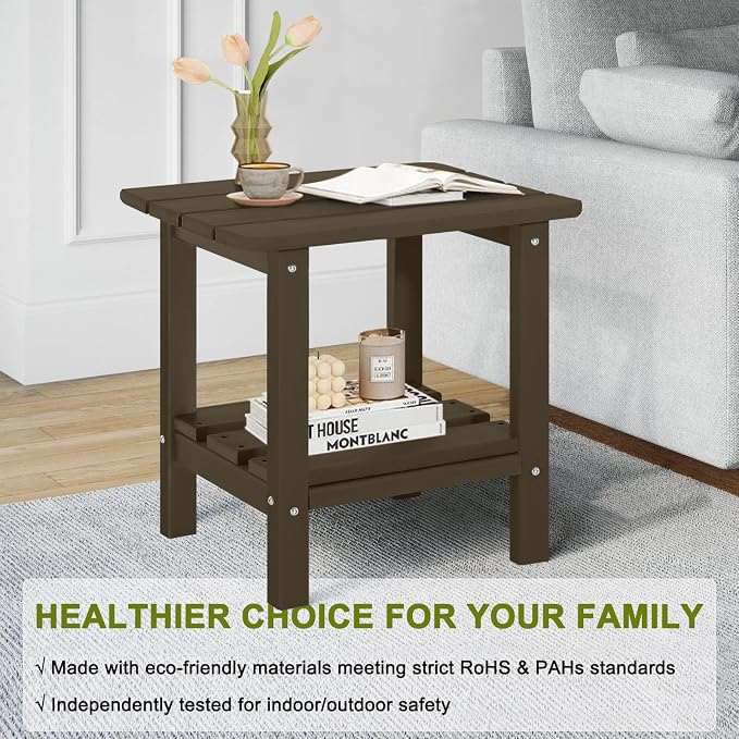 Set of 2 Adirondack Outdoor Side Table, 2-Tier Small Patio End Table, Weather Resistant HDPE Outdoor End Tables for Garden, Lawn, Pool, Beach, Porch, Deck, Backyard - Square, Dark Brown