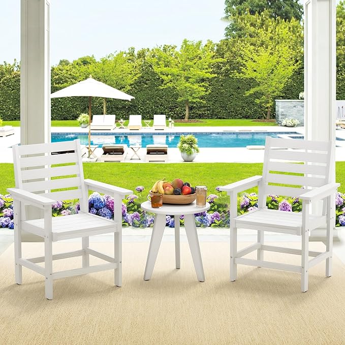 Patio Dining Chairs Set of 2, HDPS Weather Resistant Outdoor Chairs with Armrest, Heavy Duty 300LBS Support Patio Chairs for Backyard Deck Porch Balcony, White