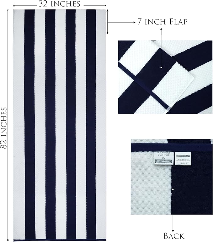 COTTON CRAFT Beach Lounge Chair Cover – 2 Pack Euro Spa Waffle Terry Towel Cabana Stripe Pool Chair Cover - 100% Cotton - 450 GSM Absorbent Quick Dry - Oversized 32 W x 82 L x 7 inch Pocket - Navy