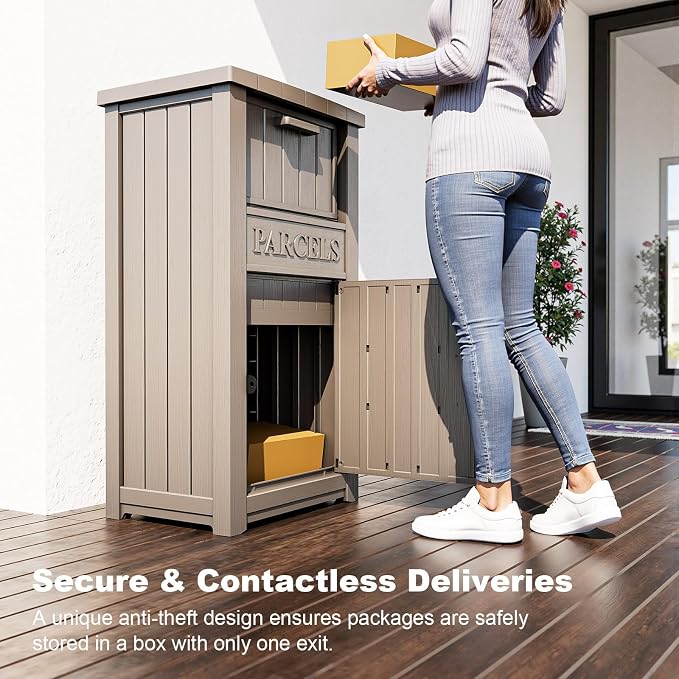 Package Deliver Box,Lockable Outdoor Storage Box,Large Double -Wall Resin Package Delivery Waterproof Deck Box for Porch,Patios (Light Brown, Double Tier)
