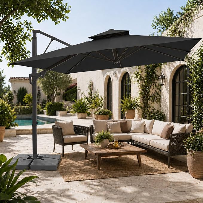JEAREY 9ft 2-Tier Cantilever Patio Umbrella, Large Square Outdoor Offset Umbrella with Double Top Vent and 360-degree Rotation for Garden, Deck, Pool, Patio, Gray