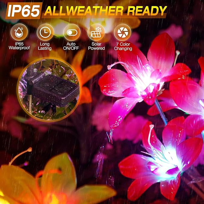 Aukora Solar Garden Lights Outdoor 5 Pack, 5 Colors Lily Flowers & 7-Color Changing Solar Lights for Outside, Waterproof for Garden Patio Yard Decor
